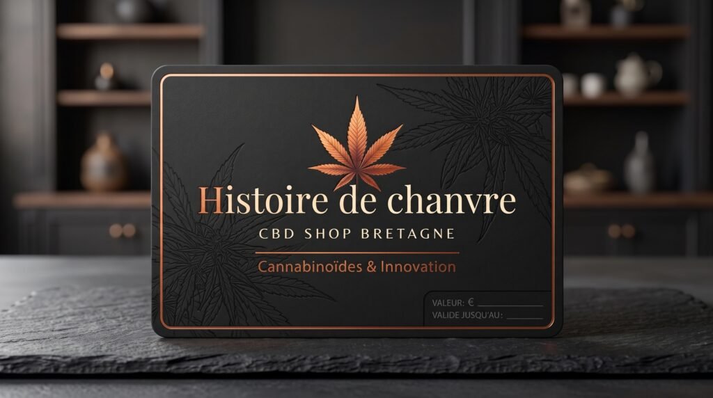 Carte cadeau CBD Histoire de Chanvre, noire et cuivre, posée sur une ardoise