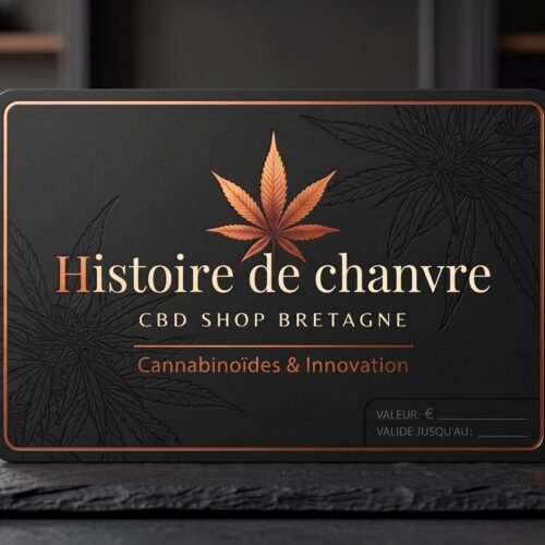 Carte cadeau CBD Histoire de Chanvre, noire et cuivre, posée sur une ardoise