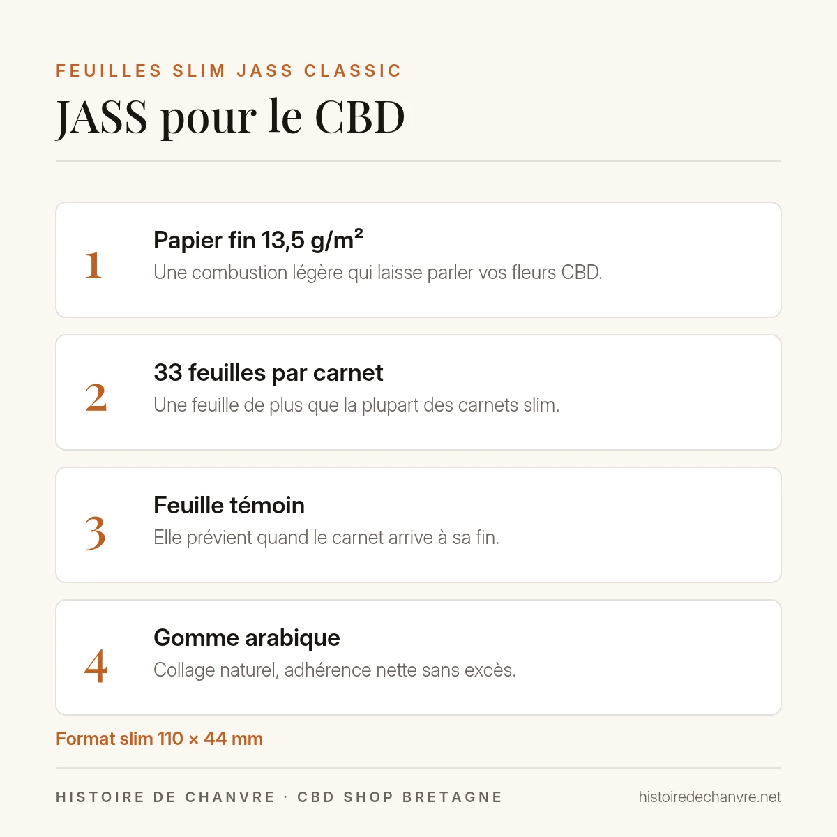 Feuilles slim JASS Classic pour le CBD : papier fin 13,5 g/m², 33 feuilles, feuille témoin, gomme arabique