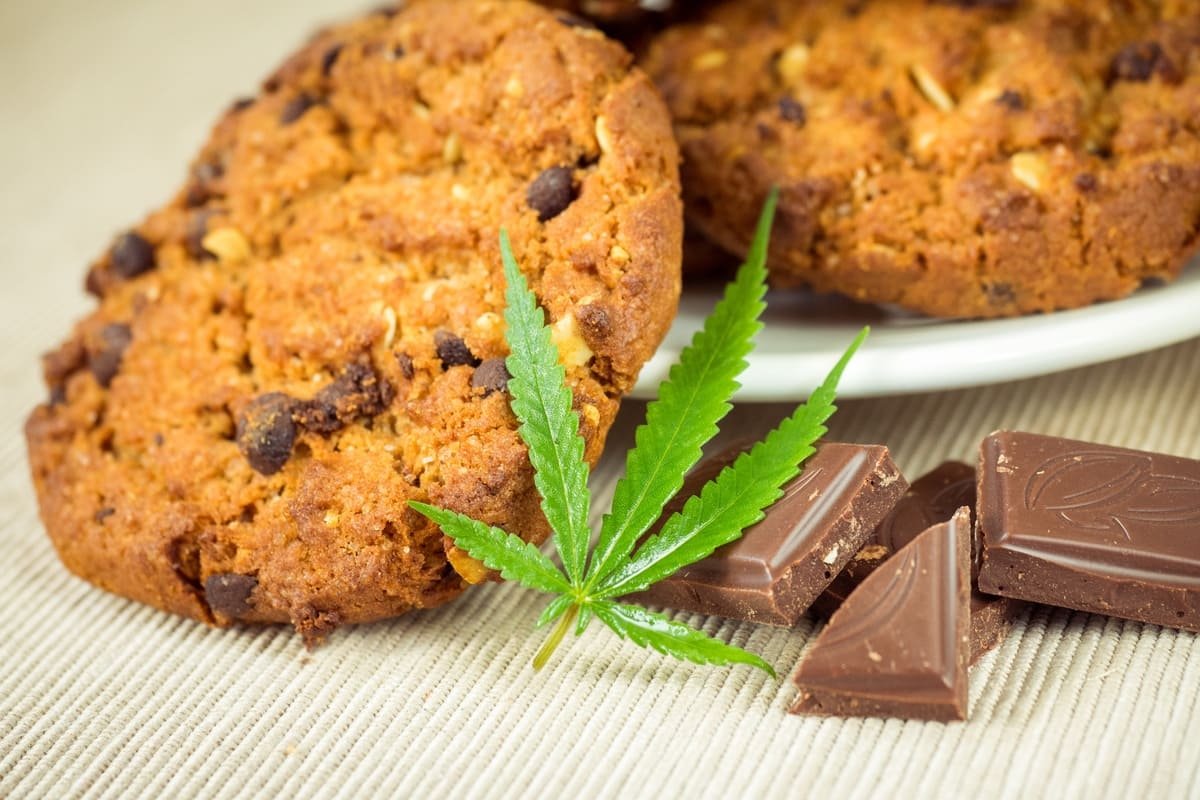 Cookies au chanvre avec une feuille de cannabis et des carrés de chocolat