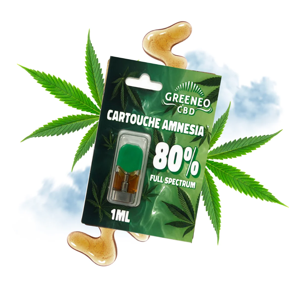 Cartouche vape pen CBD Amnesia 1 ml Greeneo, recharge 80 % de cannabinoïdes