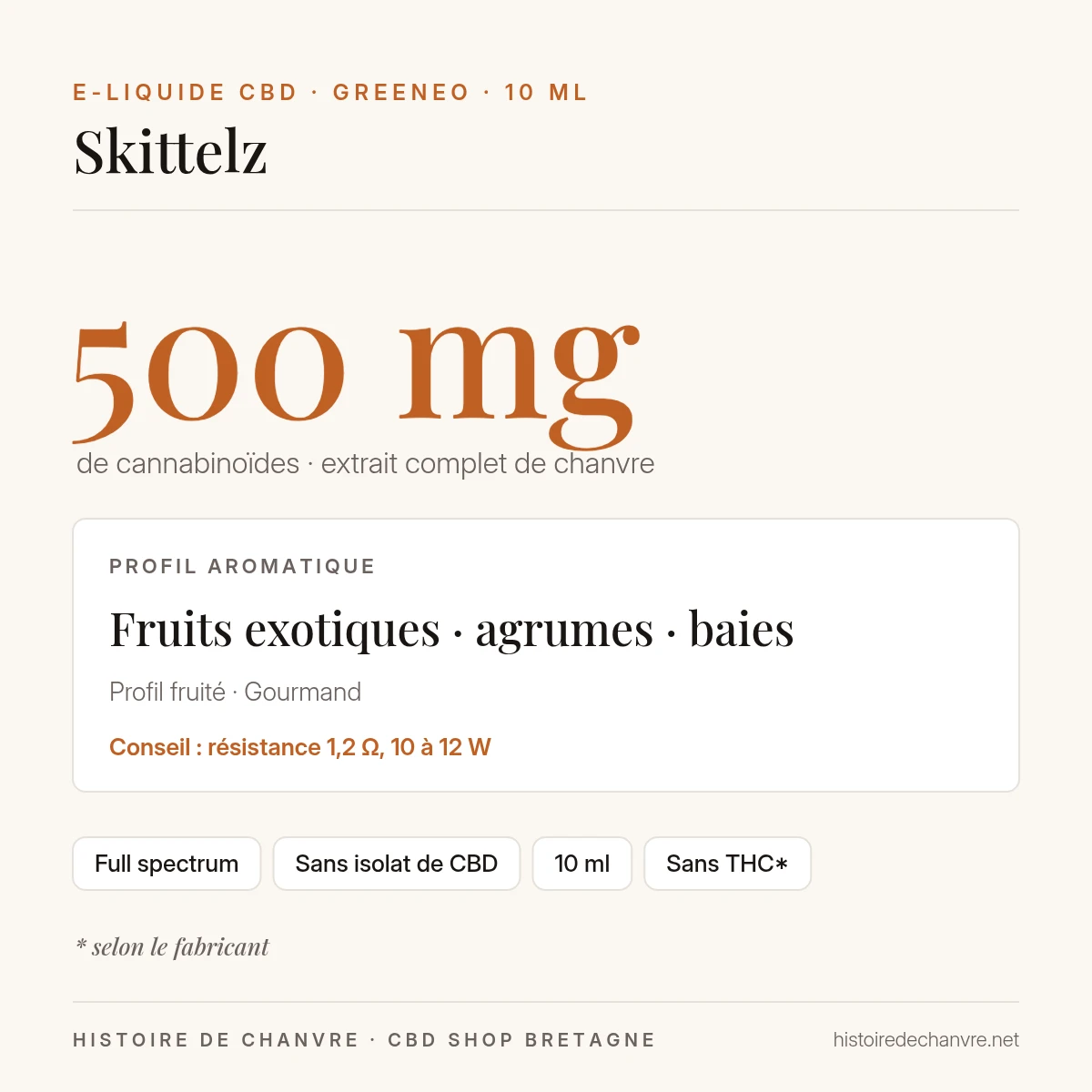 Profil de l’e-liquide CBD Skittelz Greeneo : 500 mg, extrait complet de chanvre, notes fruits exotiques · agrumes · baies