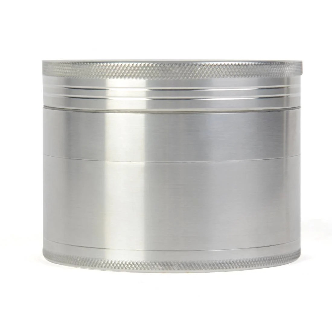 Grinder alu Polinator 50 mm vu de face, finition aluminium strié