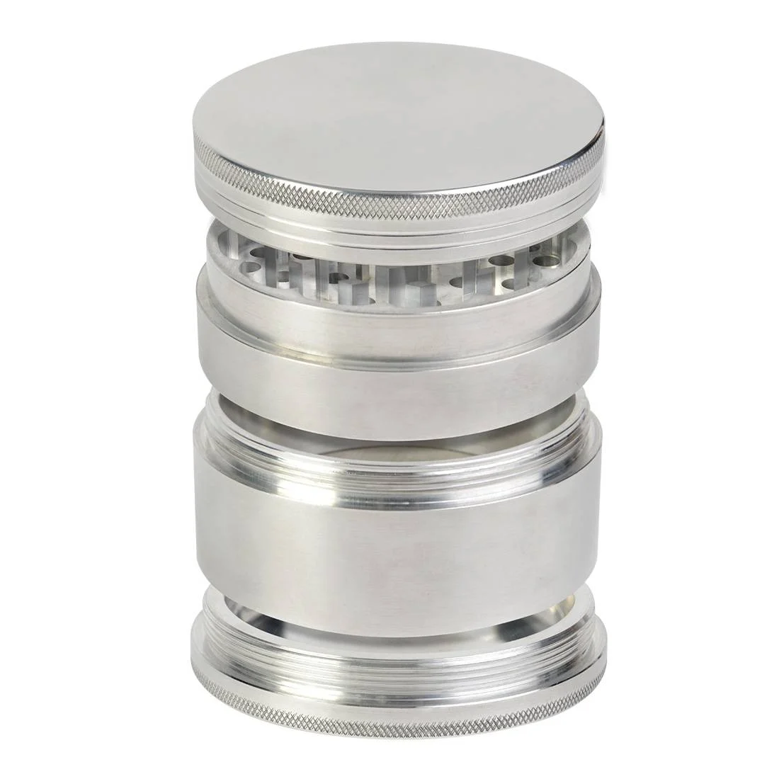 Grinder Polinator 50 mm démonté : couvercle, dents, tamis et réservoir à pollen